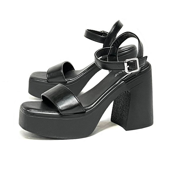 New Black Wide Band Platform Chunky Heel Sandals - Picture 3 of 4